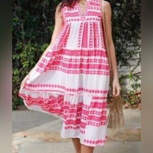 NWT Cezele CZ Collection Hot Pink Geometric Tiered Boho Summer Maxi Dress L